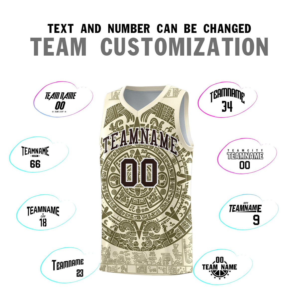 Custom Youth Basketball Jerseys Olive Aztec Sun Stone Personalized Uniform