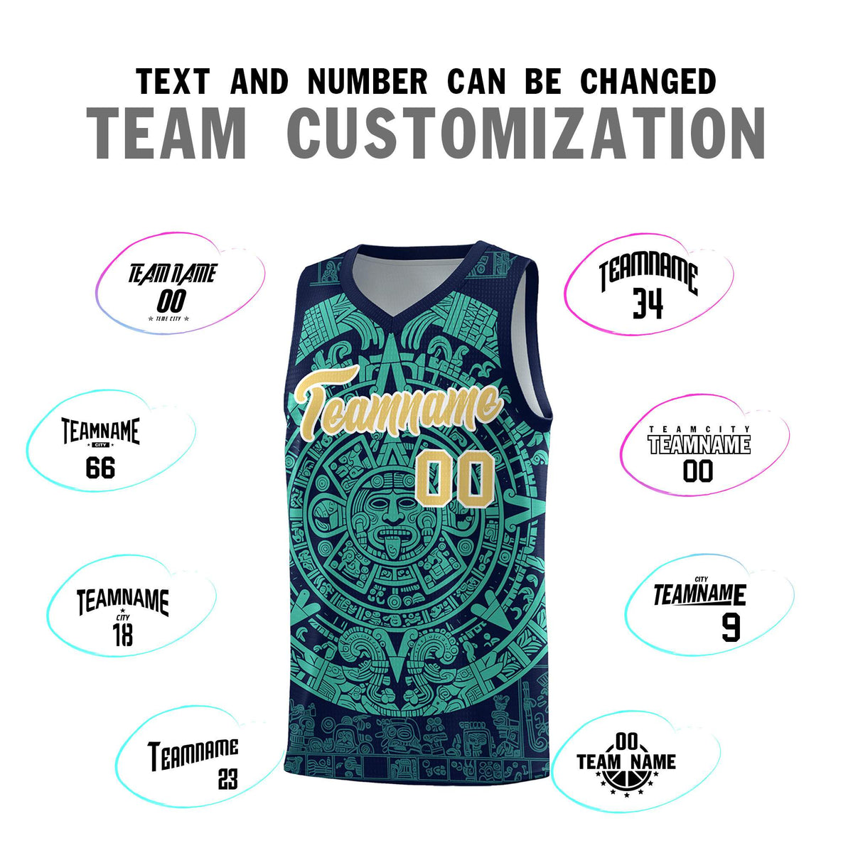 Custom Youth Basketball Jerseys Aqua Aztec Sun Stone Personalized Uniform