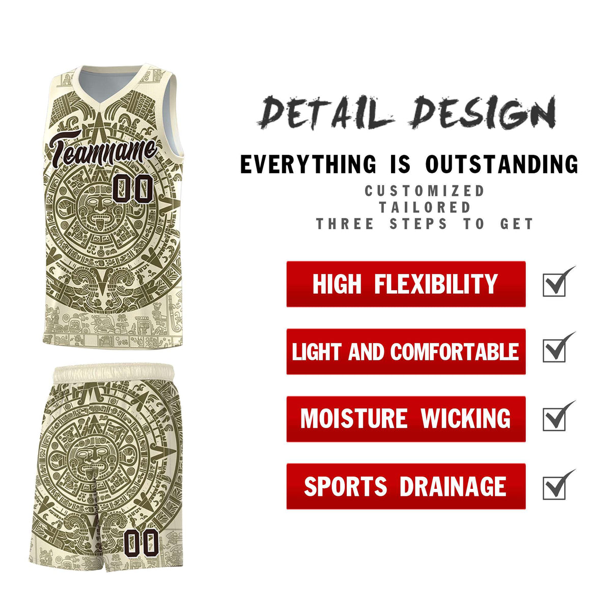 Custom Youth Basketball Jerseys Olive Aztec Sun Stone Personalized Uniform