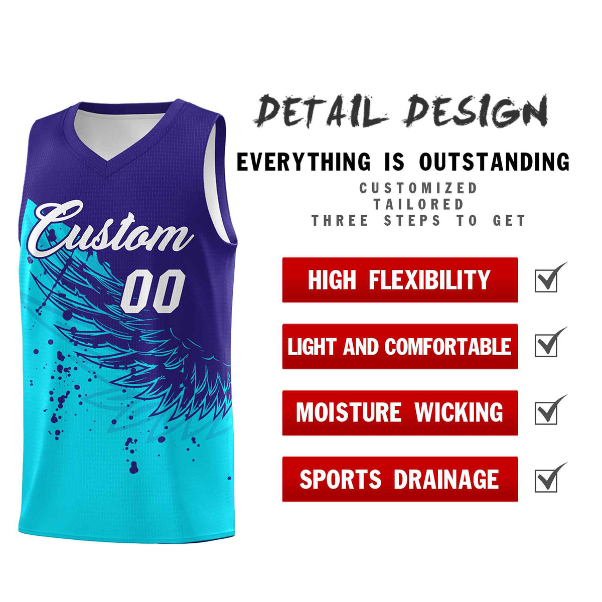 Custom Sky Blue Royal Wing Pattern Sports Uniform Basketball Jersey| KXKSHOP