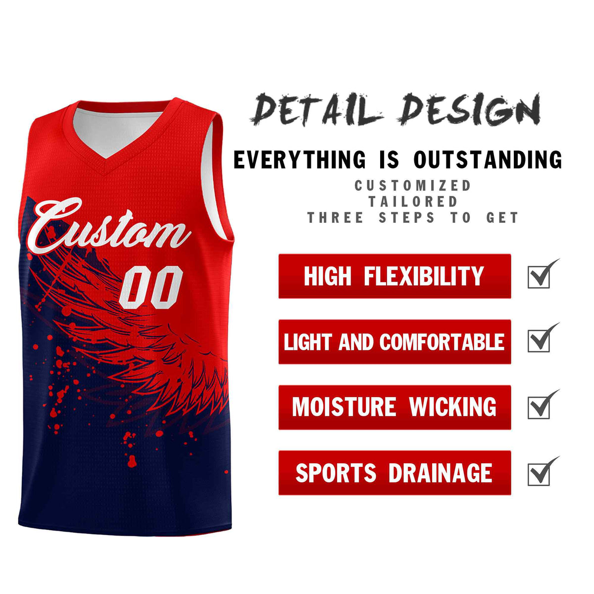 Custom Navy Red Wing Pattern Sports Uniform Basketball Jersey| KXKSHOP