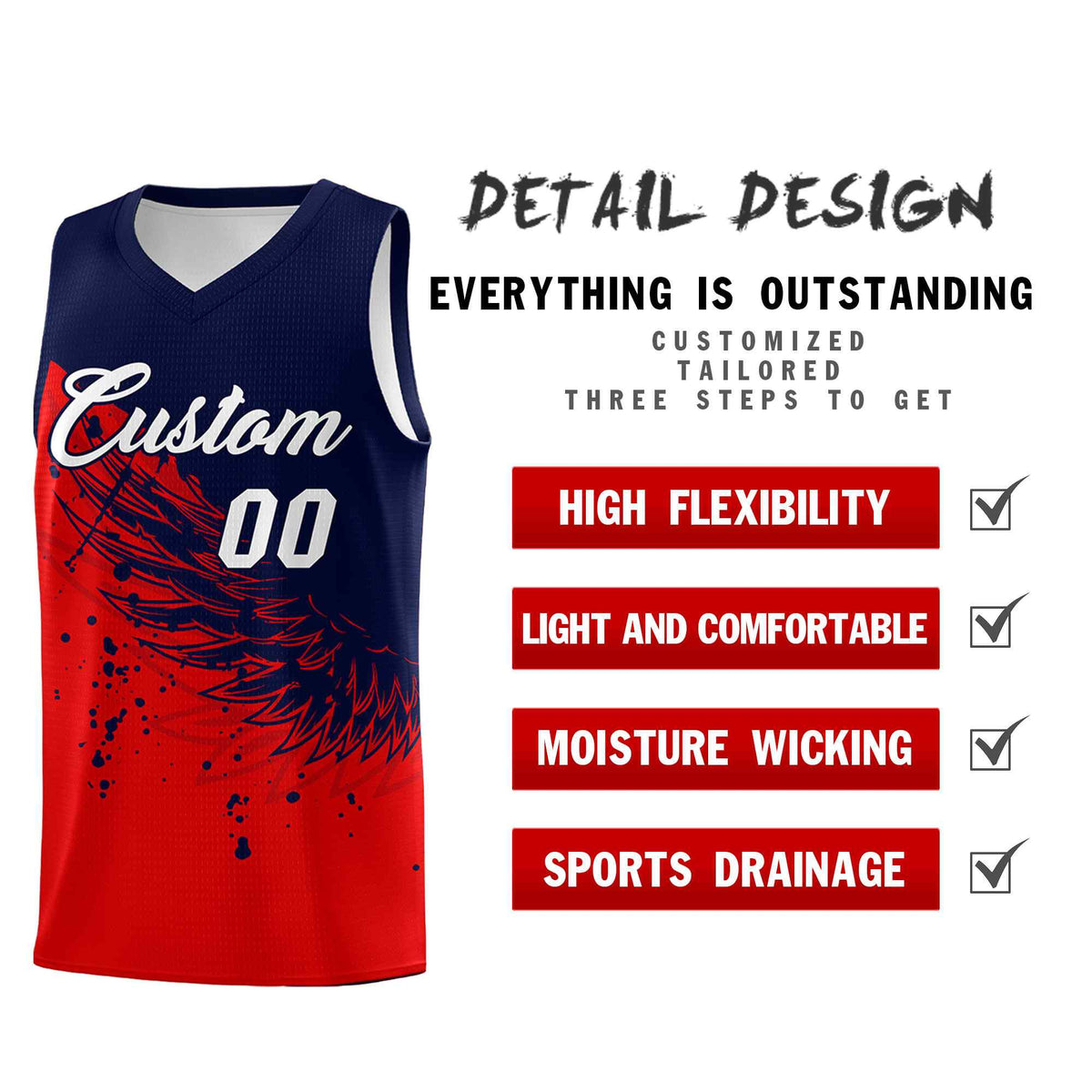 Custom Red Navy Wing Pattern Sports Uniform Basketball Jersey| KXKSHOP