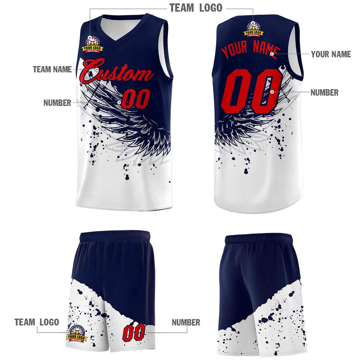 Custom White Navy Wing Pattern Sports Uniform Basketball Jersey