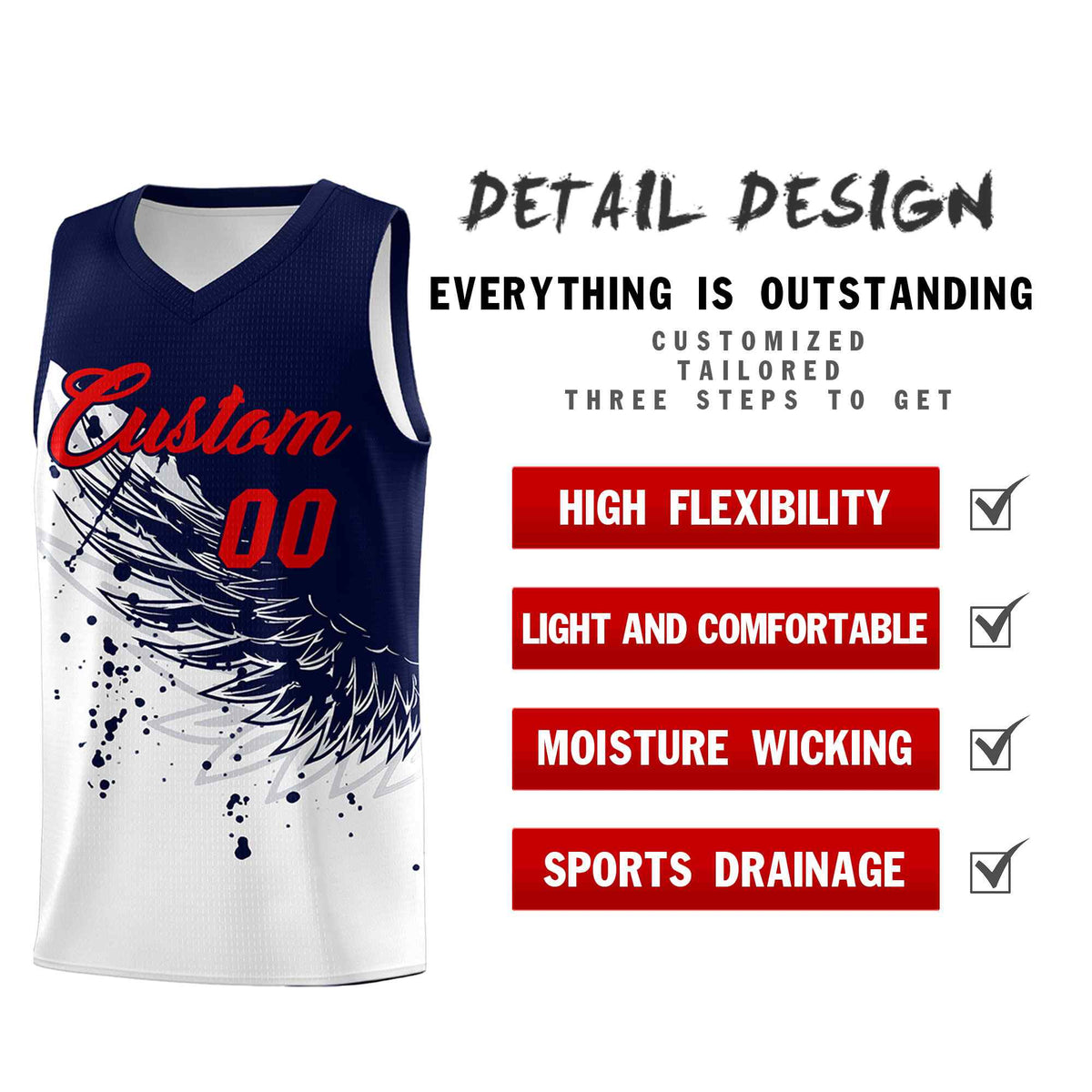 Custom White Navy Wing Pattern Sports Uniform Basketball Jersey| KXKSHOP