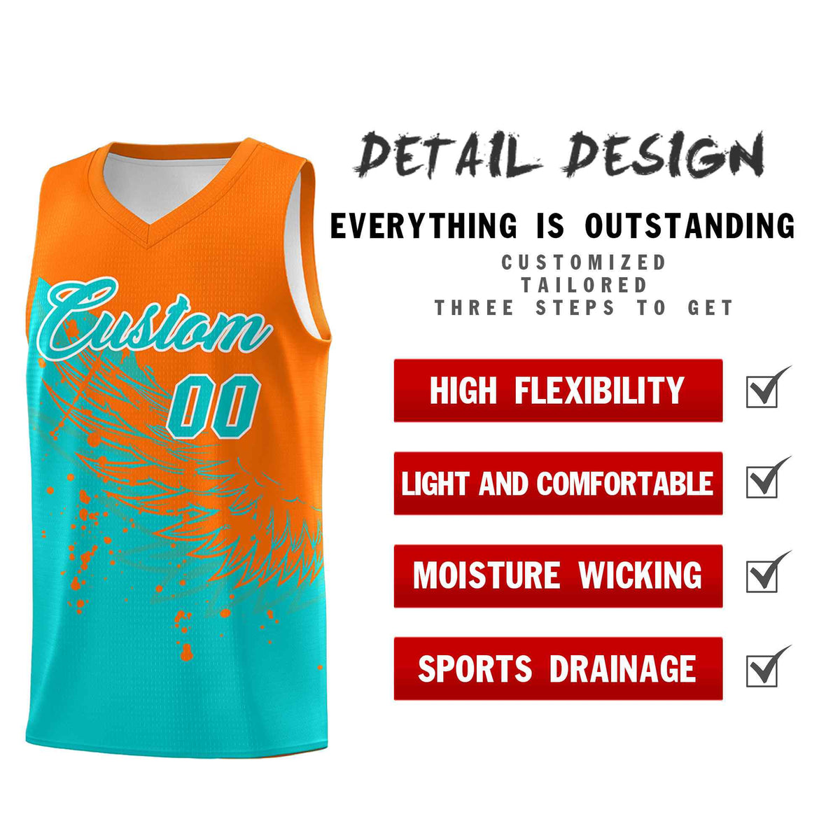 Custom Aqua Orange Wing Pattern Sports Uniform Basketball Jersey| KXKSHOP