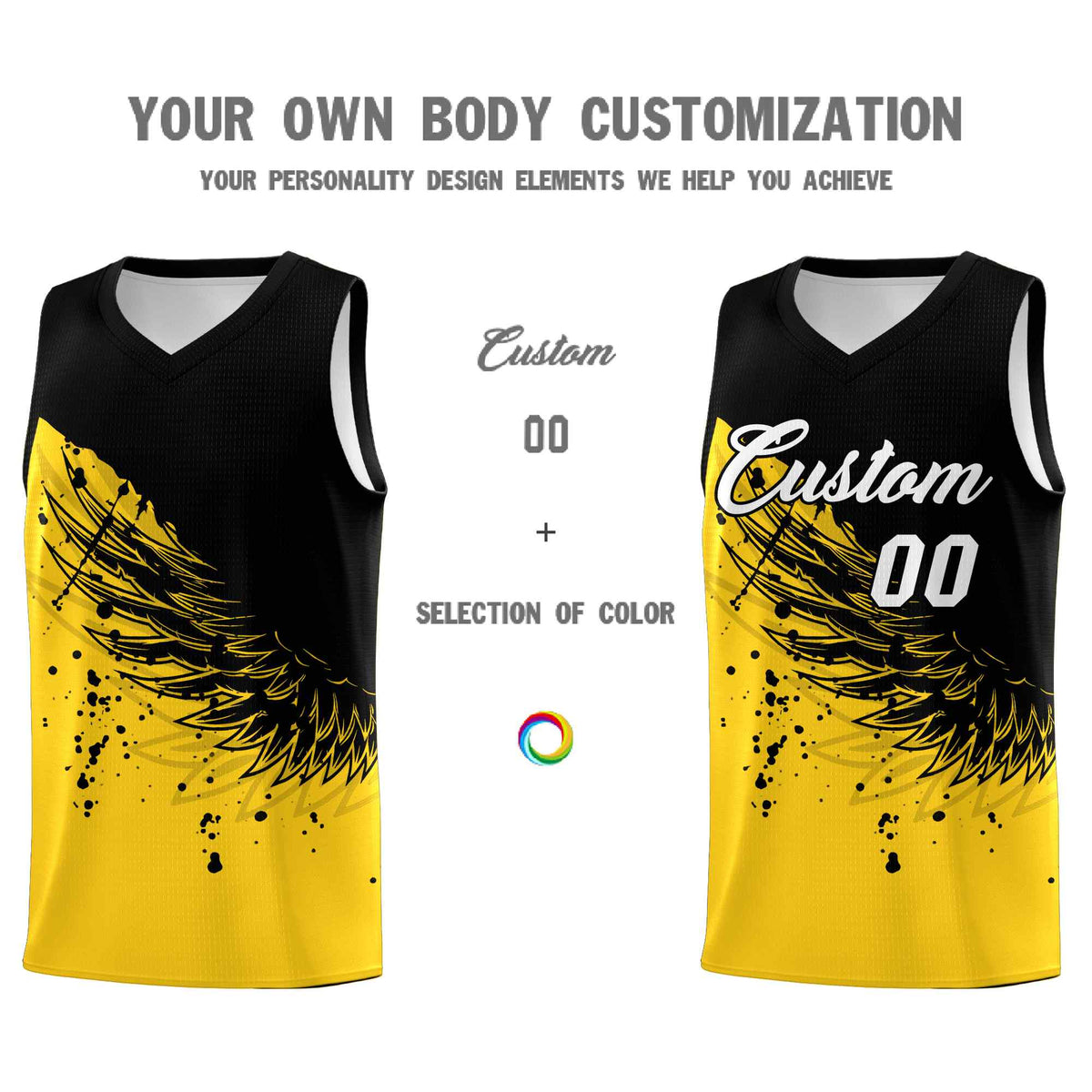 Custom Gold Black Wing Pattern Sports Uniform Basketball Jersey| KXKSHOP