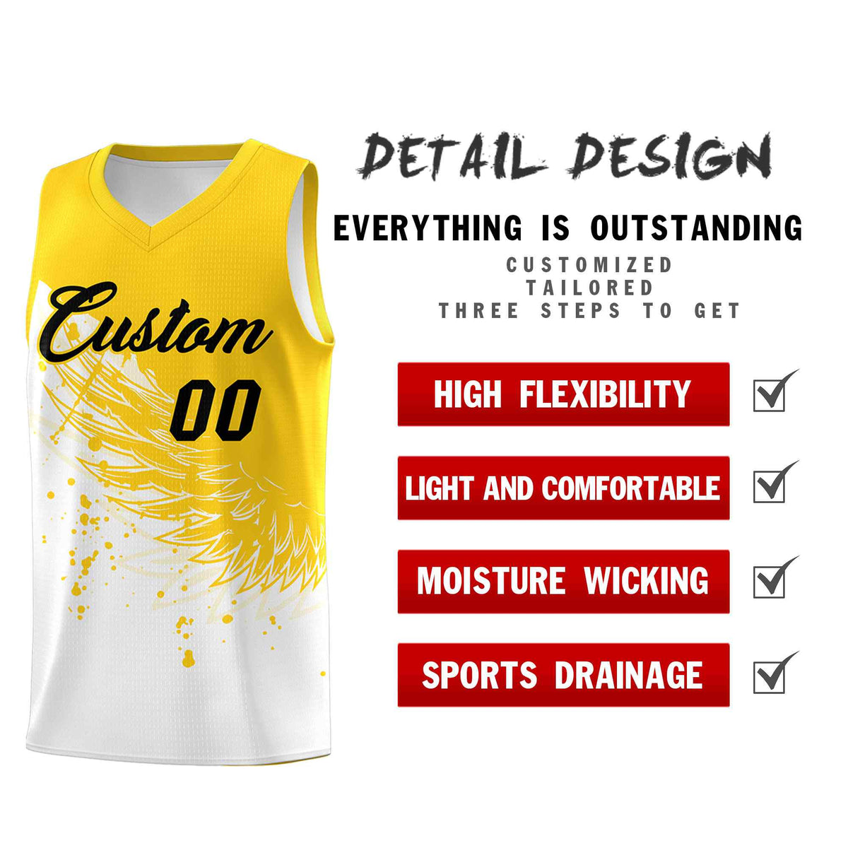 Custom White Gold Wing Pattern Sports Uniform Basketball Jersey| KXKSHOP