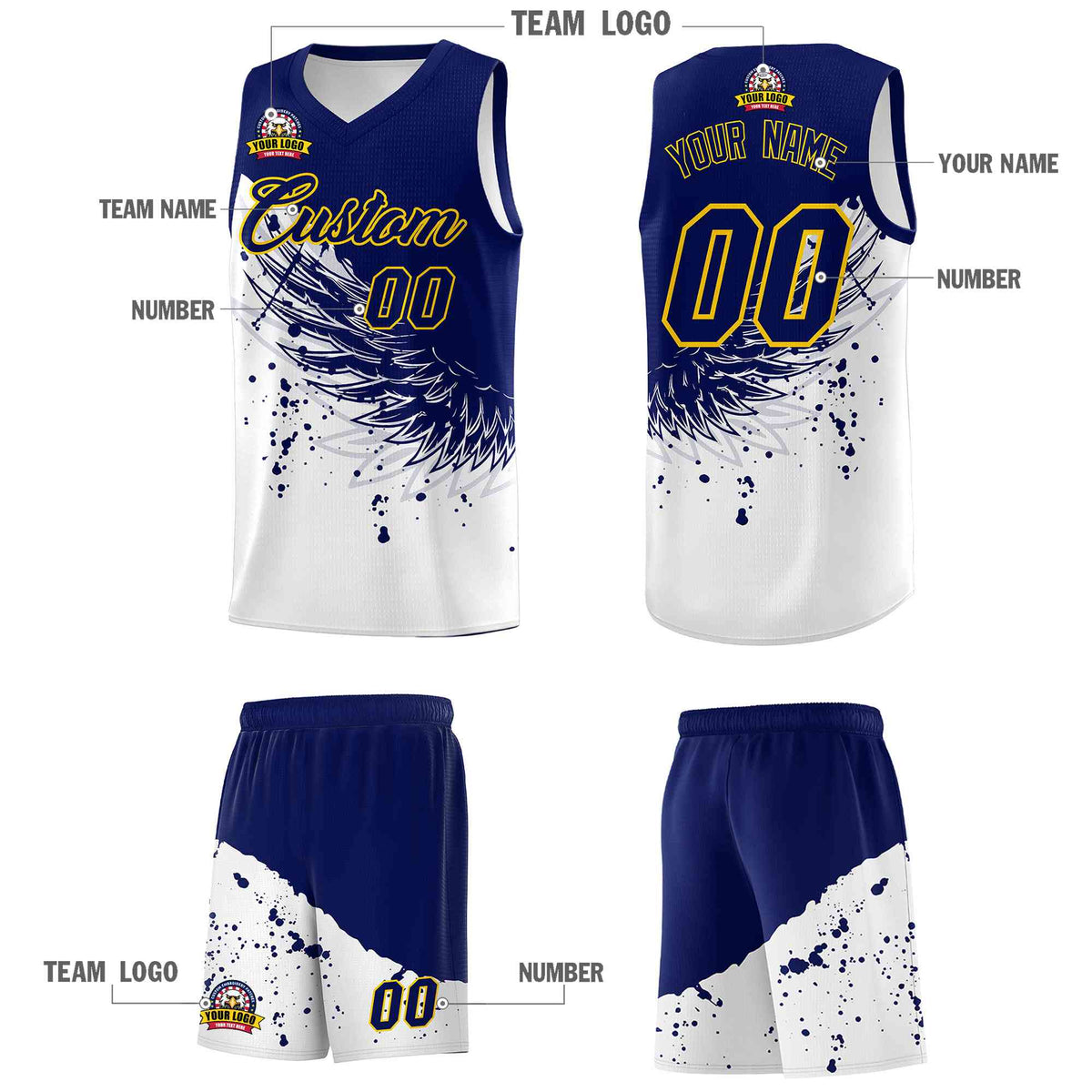 Custom White Navy Wing Pattern Sports Uniform Basketball Jersey