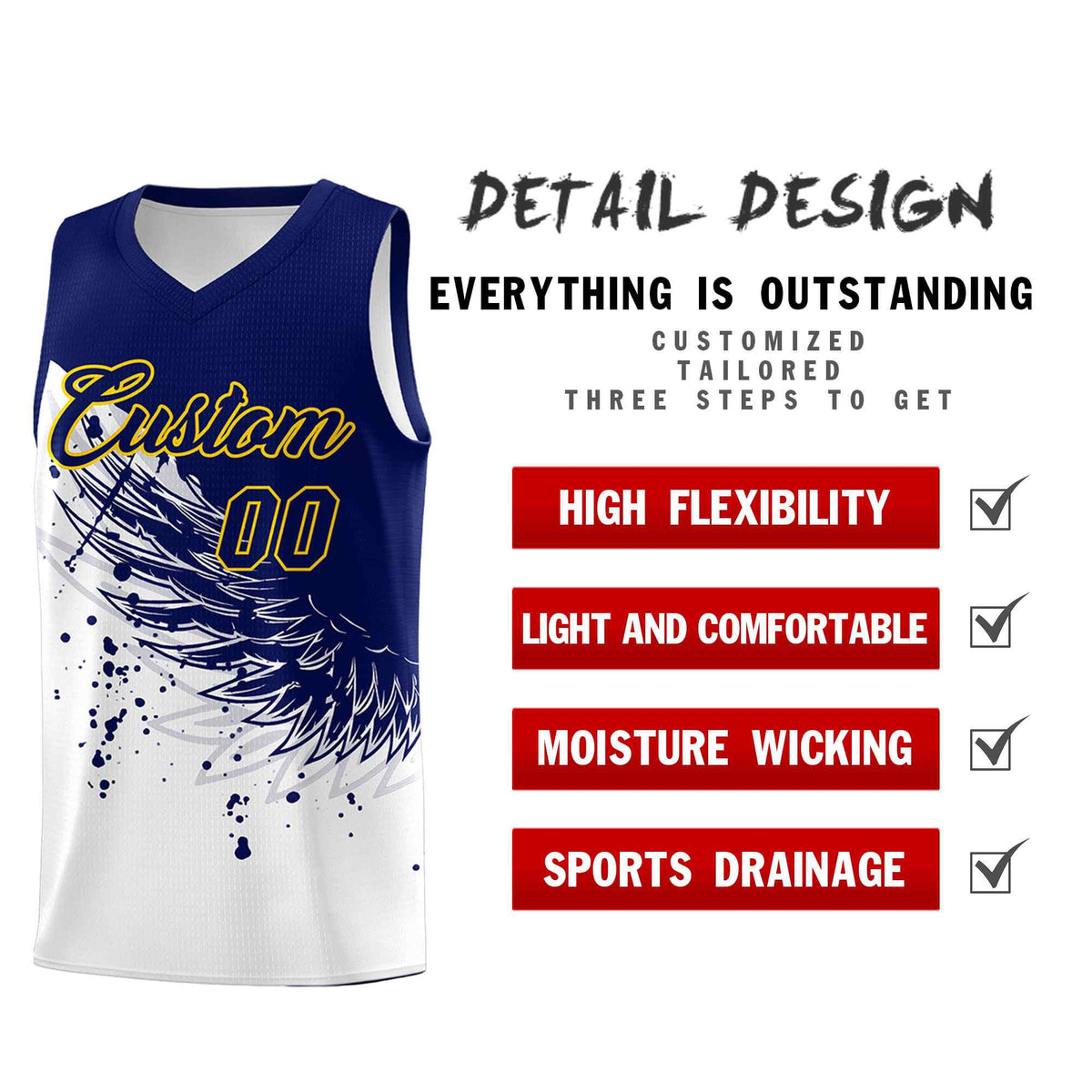 Custom White Navy Wing Pattern Sports Uniform Basketball Jersey| KXKSHOP