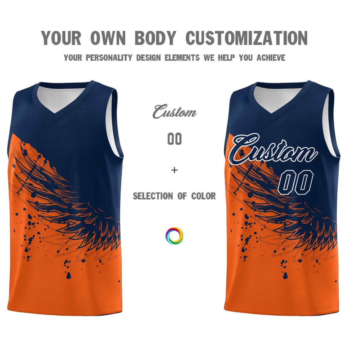 Custom Orange Navy Wing Pattern Sports Uniform Basketball Jersey| KXKSHOP