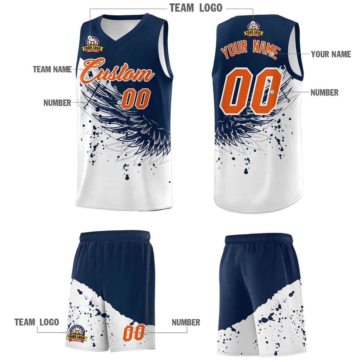 Custom White Navy Wing Pattern Sports Uniform Basketball Jersey