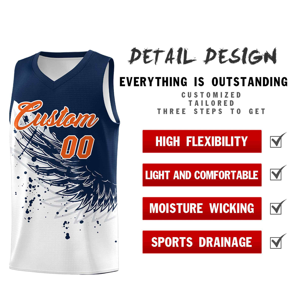 Custom White Navy Wing Pattern Sports Uniform Basketball Jersey| KXKSHOP