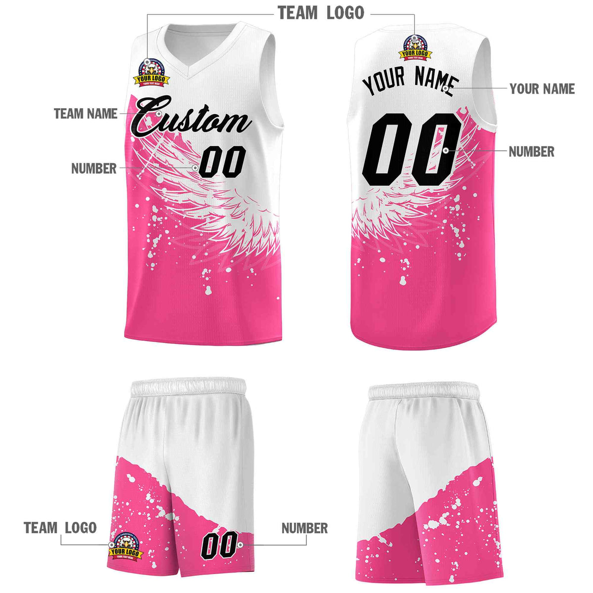 Custom Pink White Wing Pattern Sports Uniform Basketball Jersey
