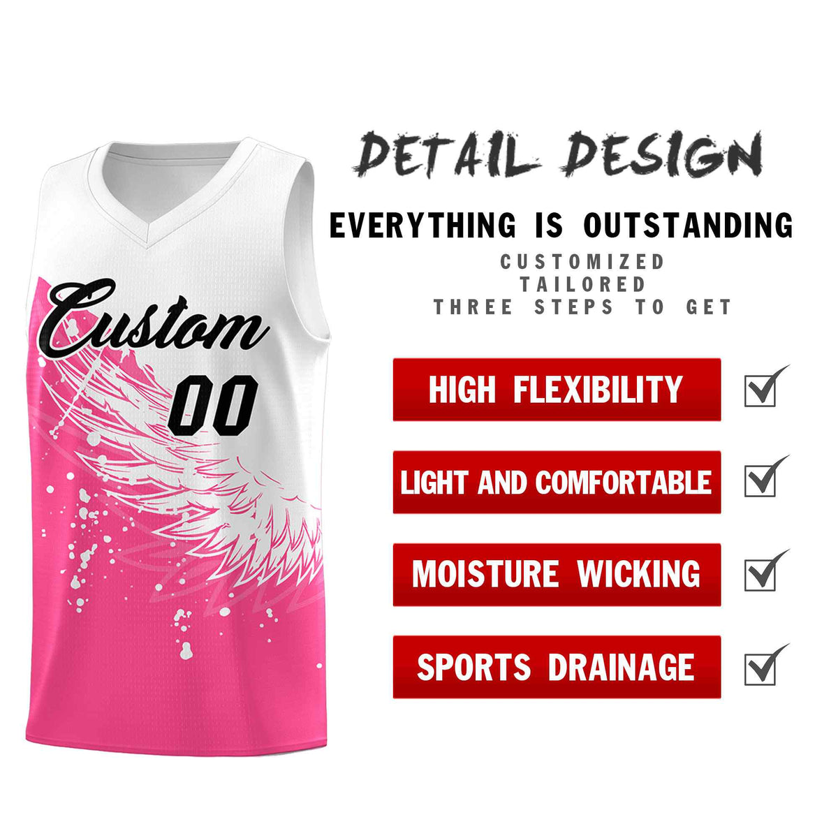 Custom Pink White Wing Pattern Sports Uniform Basketball Jersey| KXKSHOP