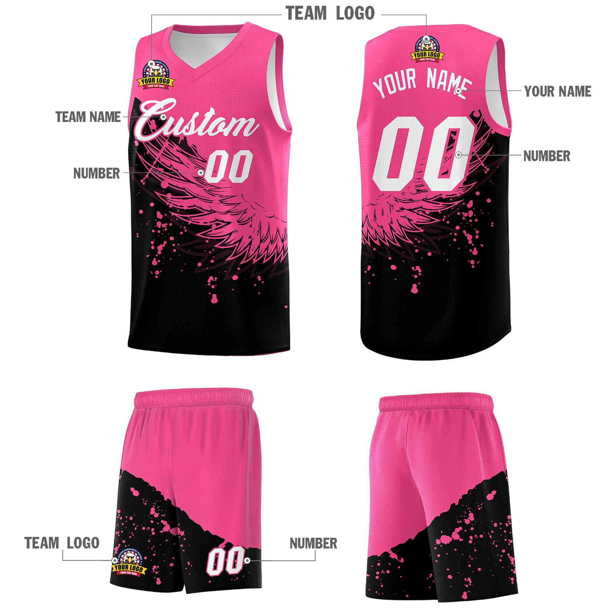 Custom Black Pink Wing Pattern Sports Uniform Basketball Jersey