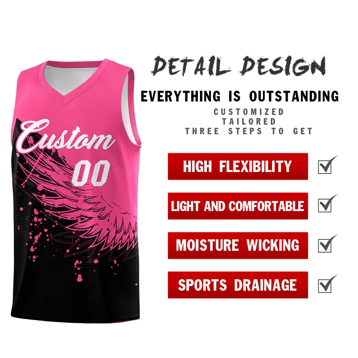 Custom Black Pink Wing Pattern Sports Uniform Basketball Jersey| KXKSHOP