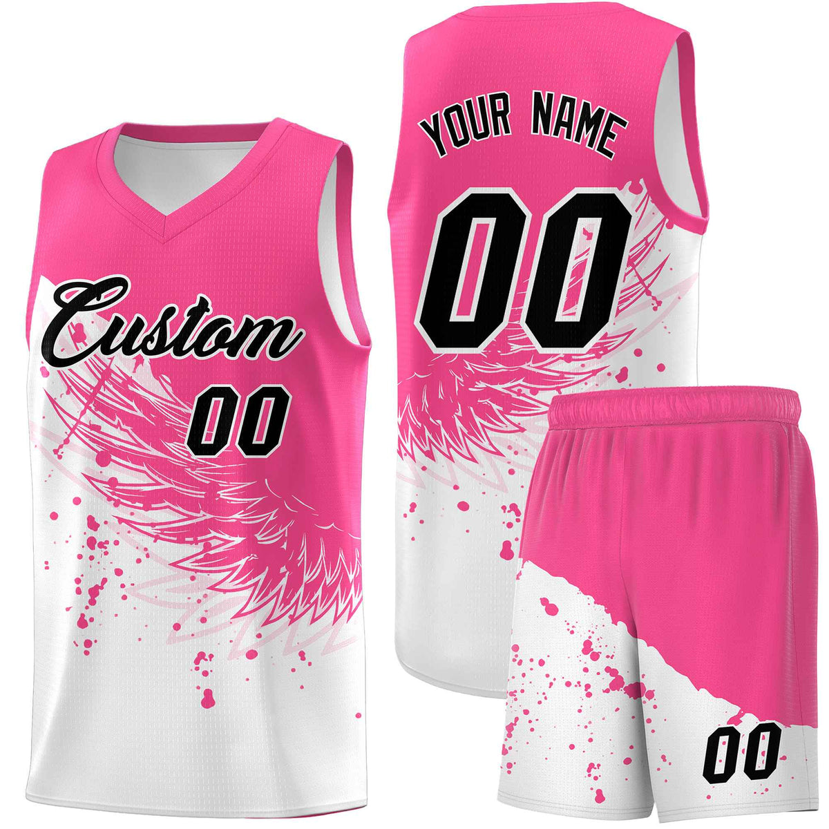 Custom White Pink Wing Pattern Sports Uniform Basketball Jersey| KXKSHOP