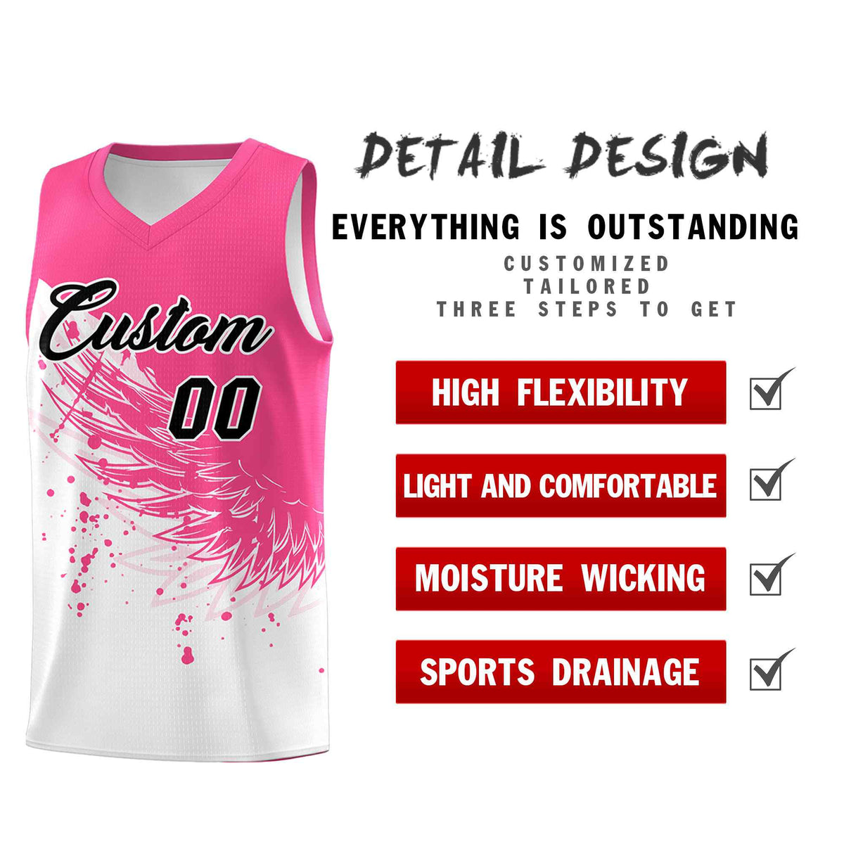 Custom White Pink Wing Pattern Sports Uniform Basketball Jersey| KXKSHOP