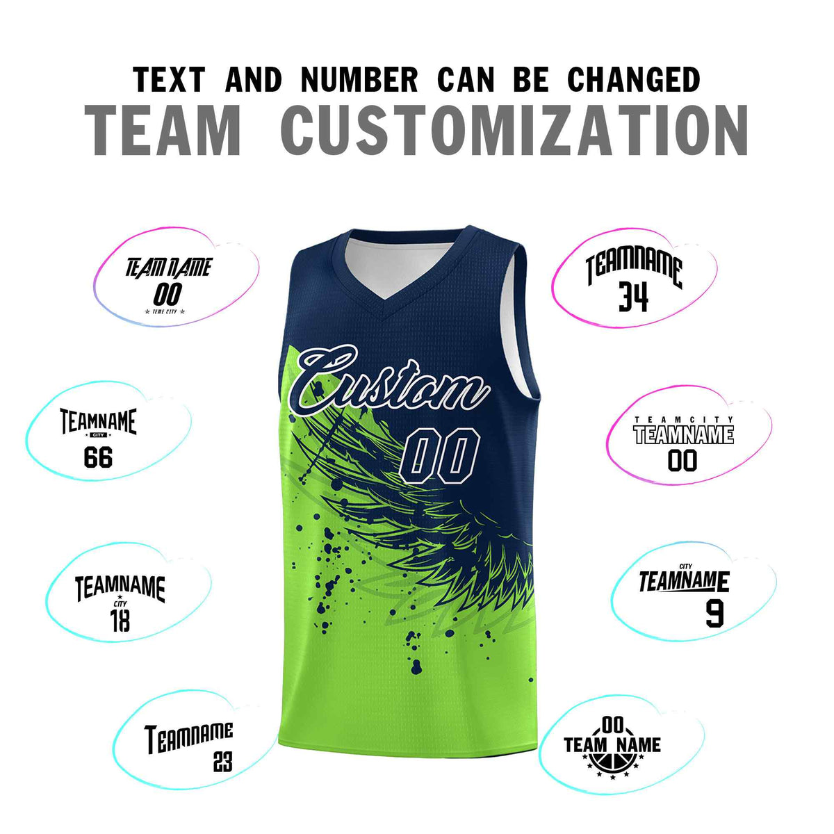 Custom Fluorescent Green Navy Wing Pattern Sports Uniform Basketball Jersey| KXKSHOP