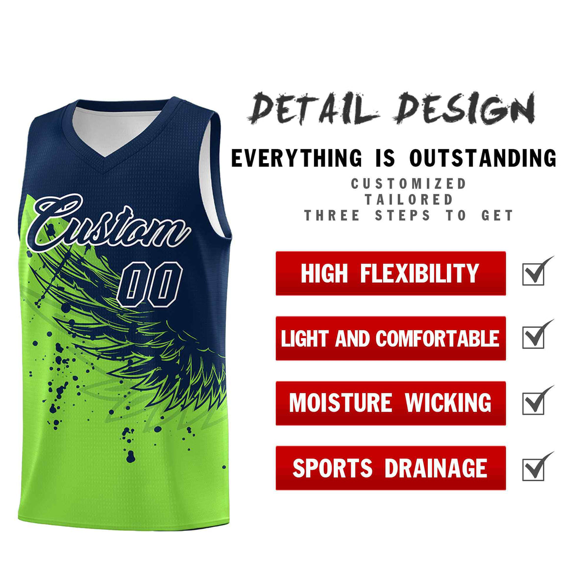Custom Fluorescent Green Navy Wing Pattern Sports Uniform Basketball Jersey| KXKSHOP