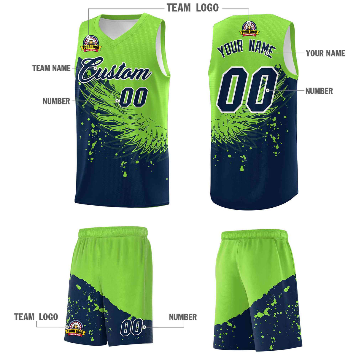 Custom Navy Fluorescent Green Wing Pattern Sports Uniform Basketball Jersey