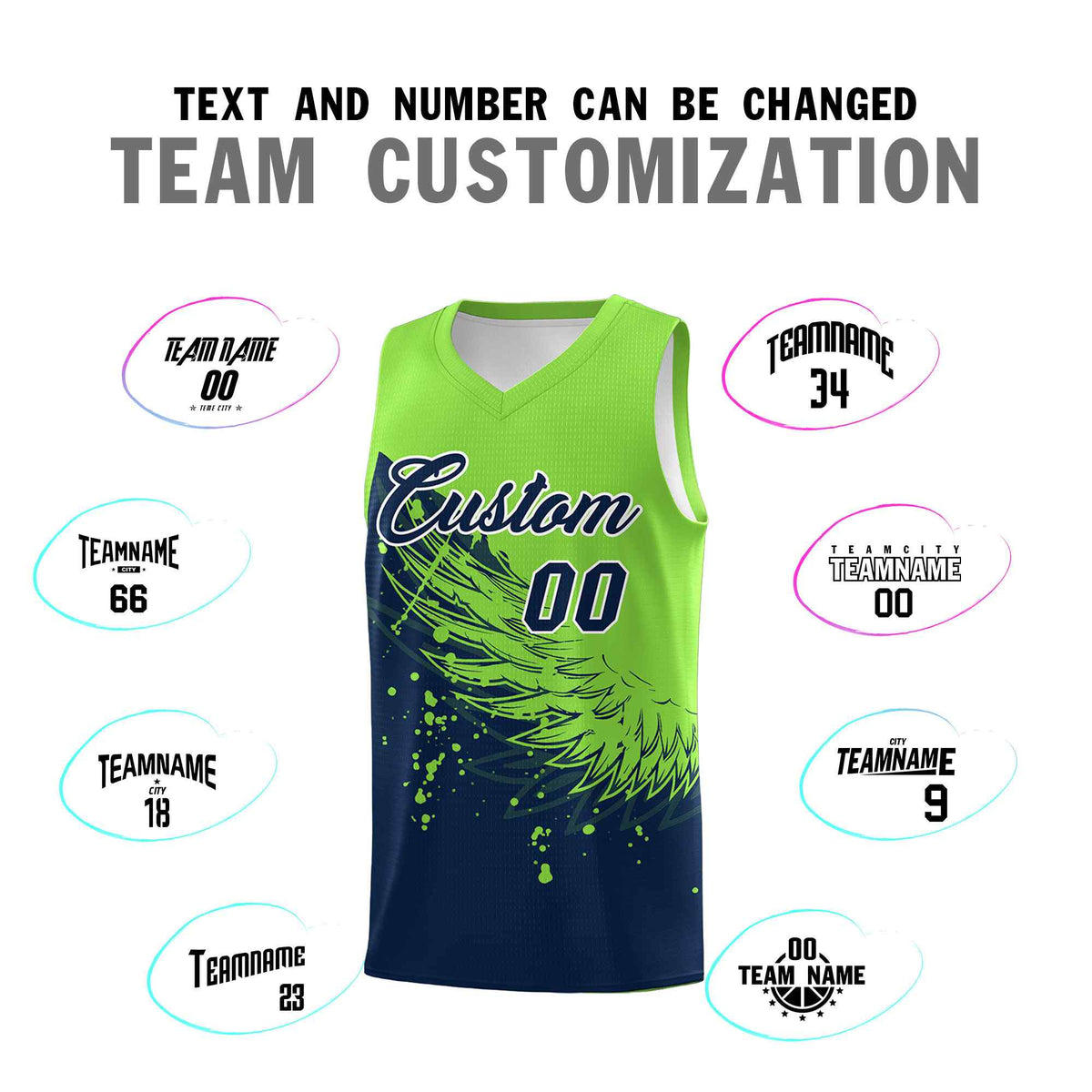Custom Navy Fluorescent Green Wing Pattern Sports Uniform Basketball Jersey| KXKSHOP
