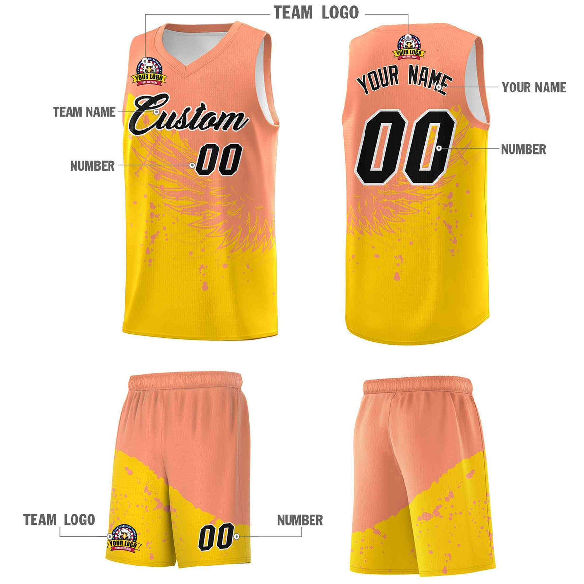 Custom Gold Light Orange Wing Pattern Sports Uniform Basketball Jersey