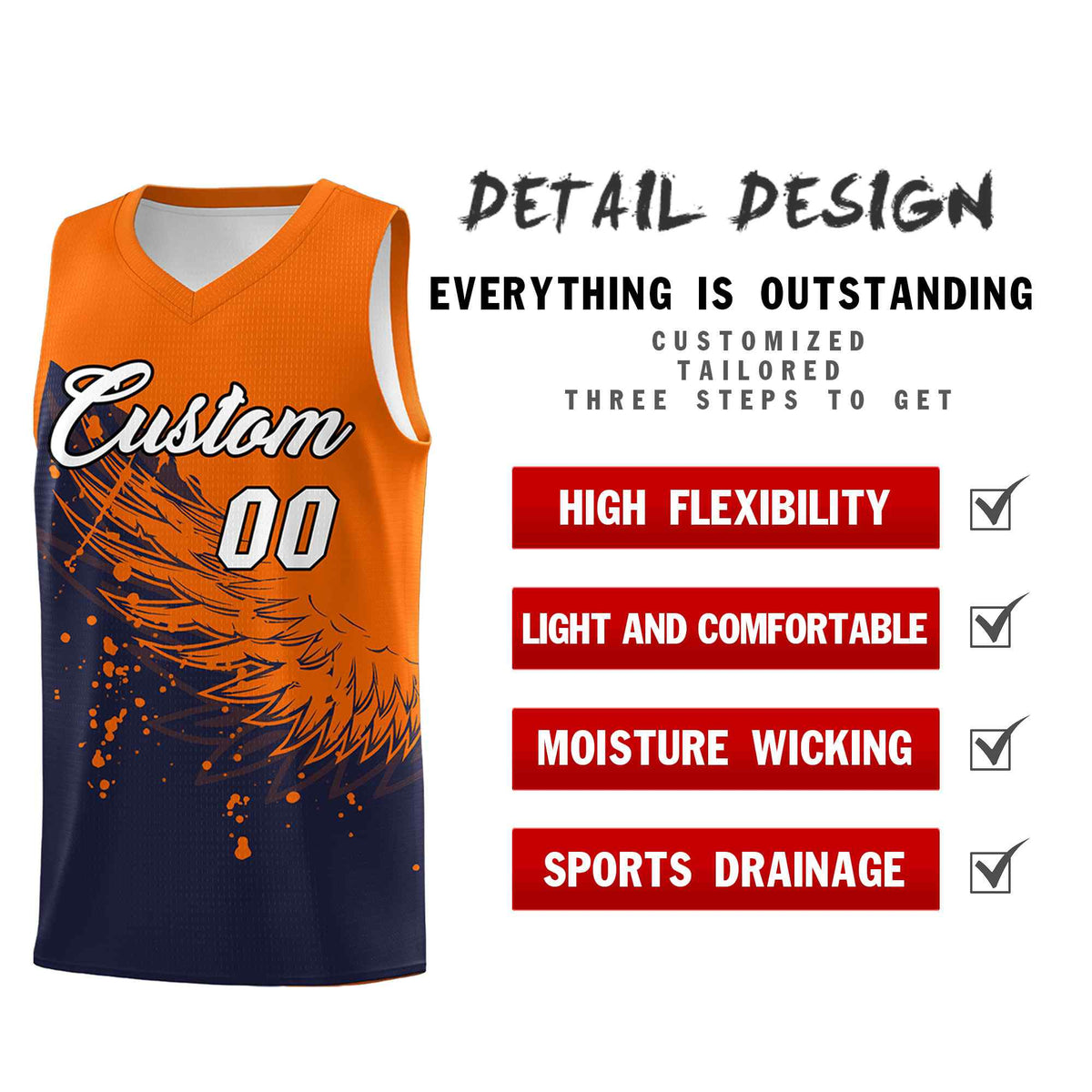 Custom Navy Orange Wing Pattern Sports Uniform Basketball Jersey| KXKSHOP