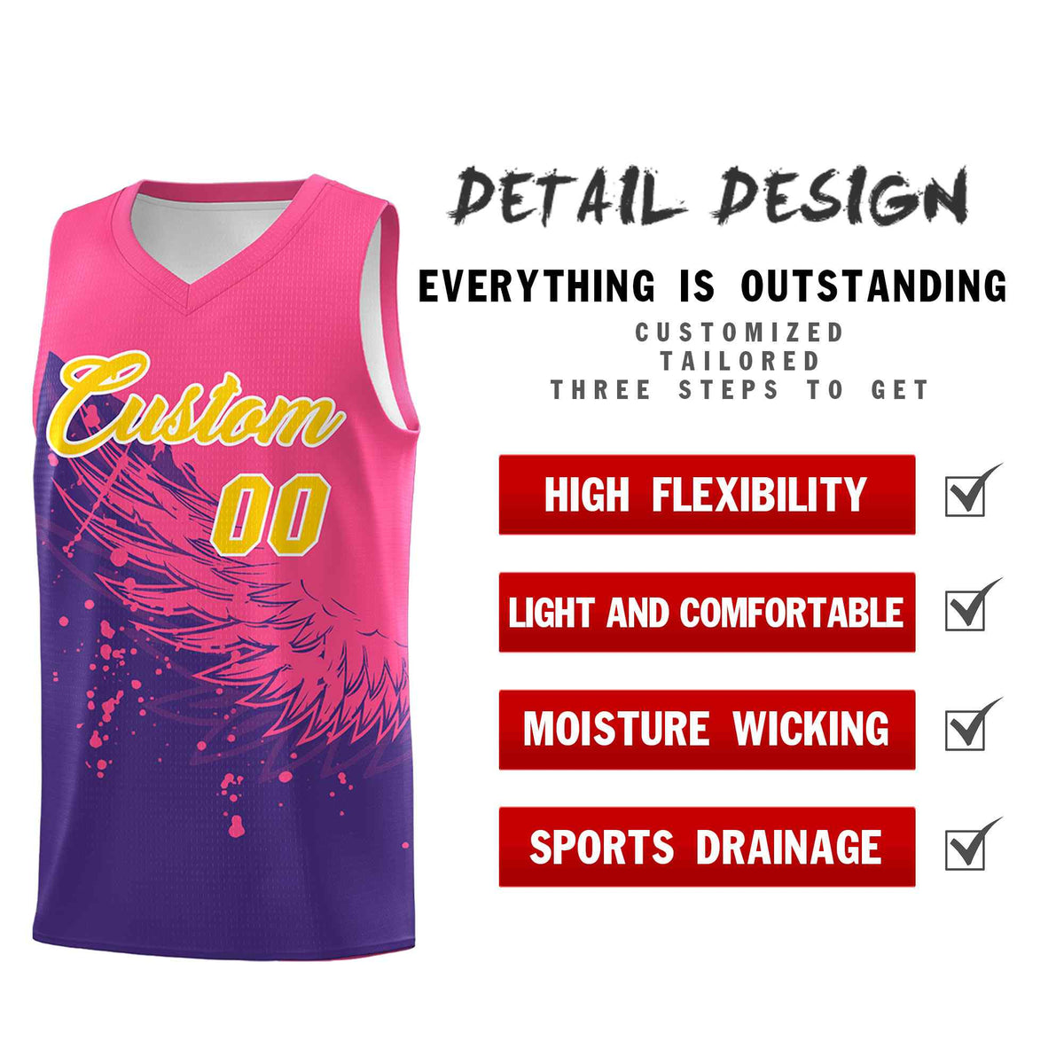 Custom Purple Pink Wing Pattern Sports Uniform Basketball Jersey| KXKSHOP