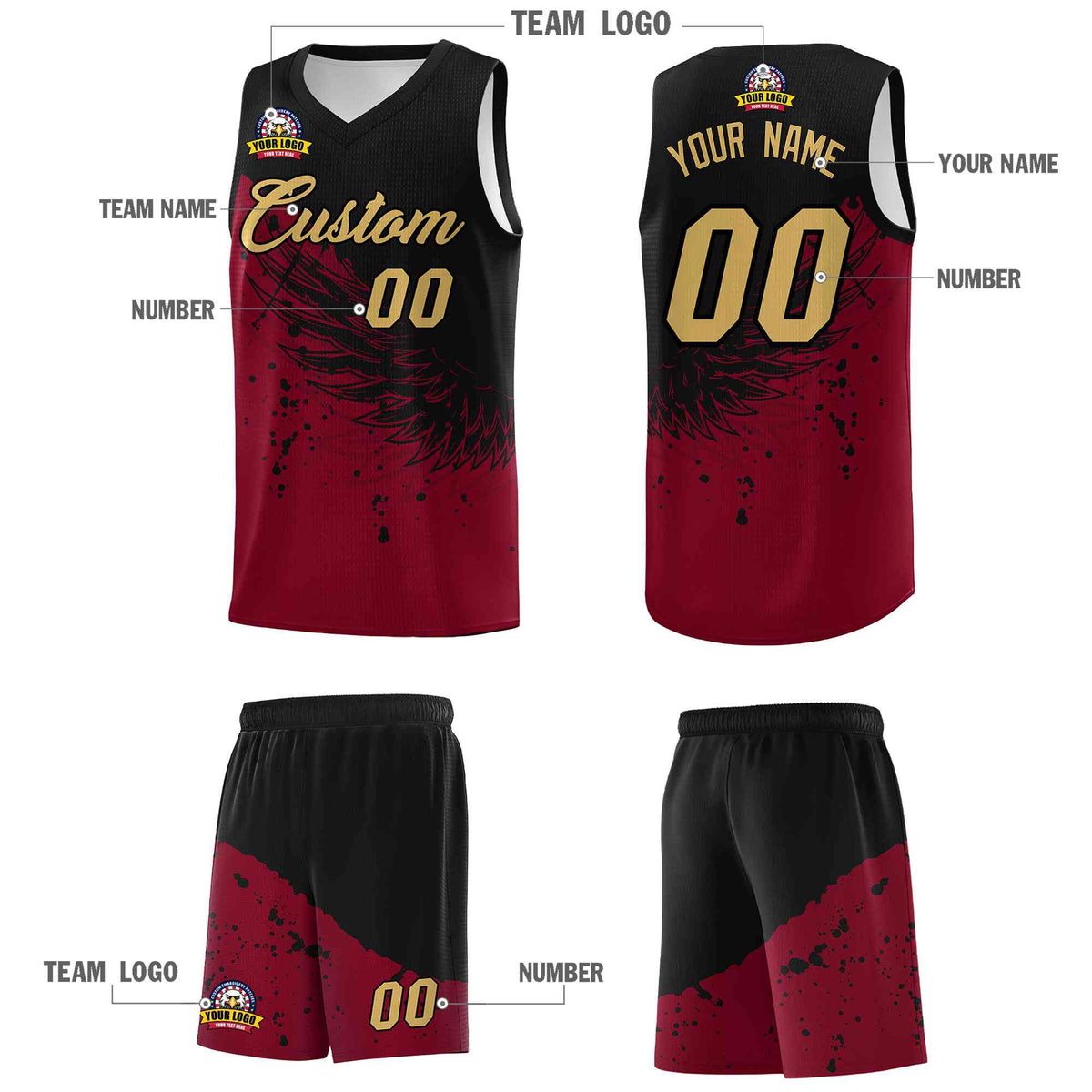 Custom Crimson Black Wing Pattern Sports Uniform Basketball Jersey