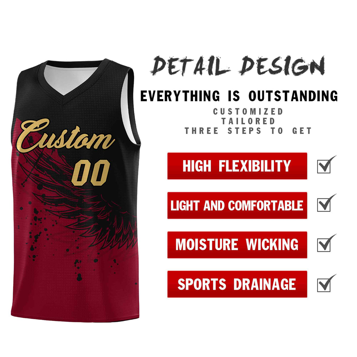 Custom Crimson Black Wing Pattern Sports Uniform Basketball Jersey| KXKSHOP