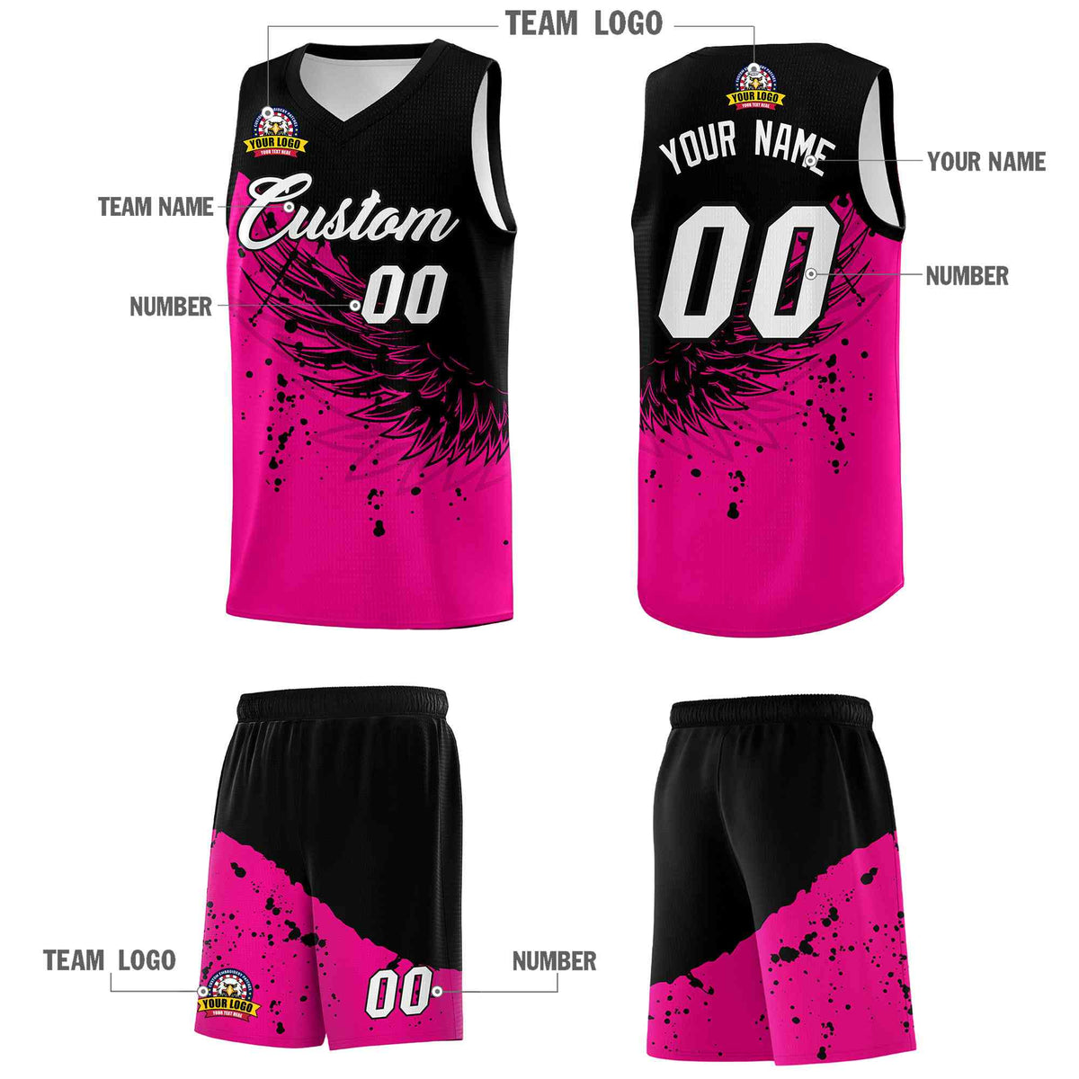 Custom Pink Black Wing Pattern Sports Uniform Basketball Jersey