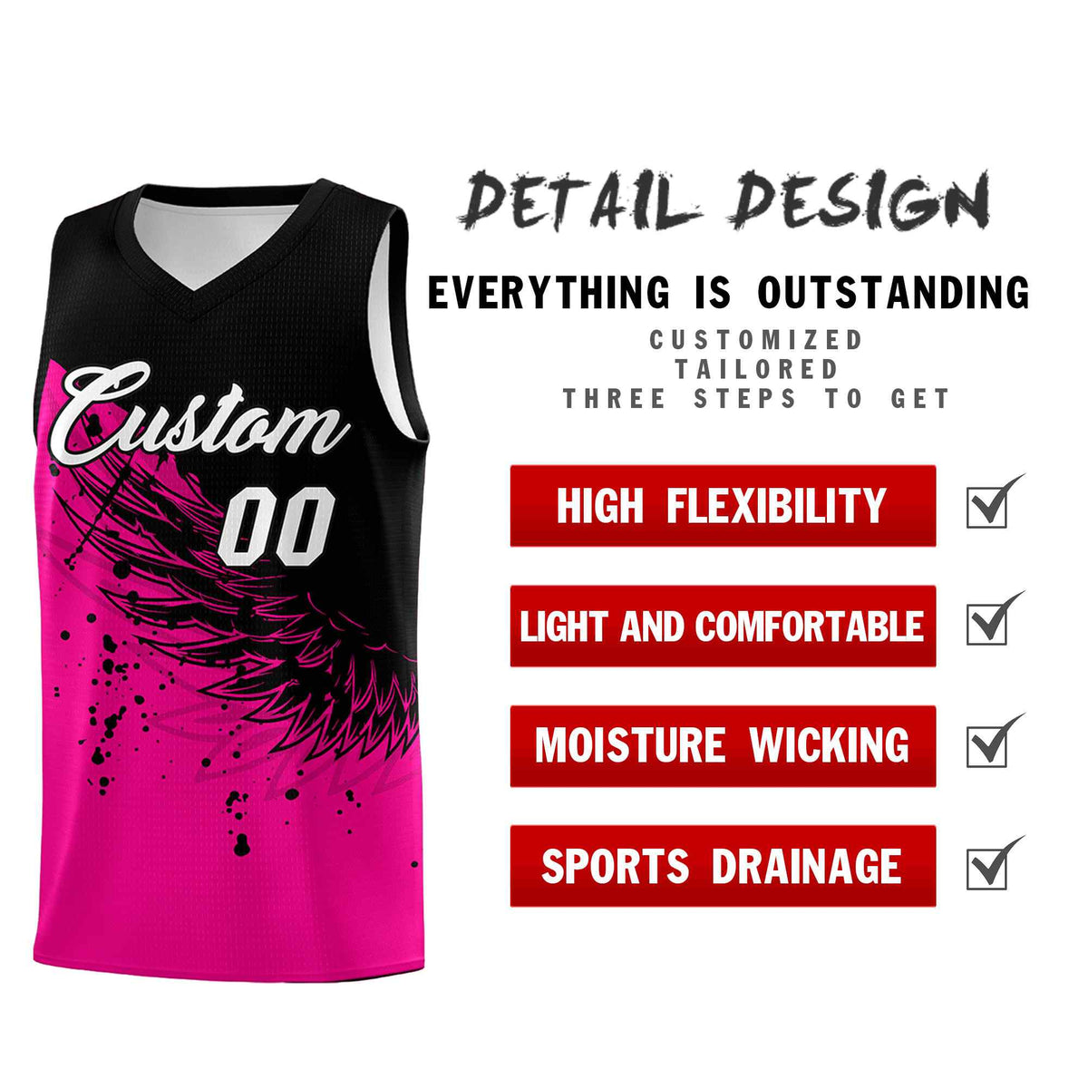 Custom Pink Black Wing Pattern Sports Uniform Basketball Jersey| KXKSHOP