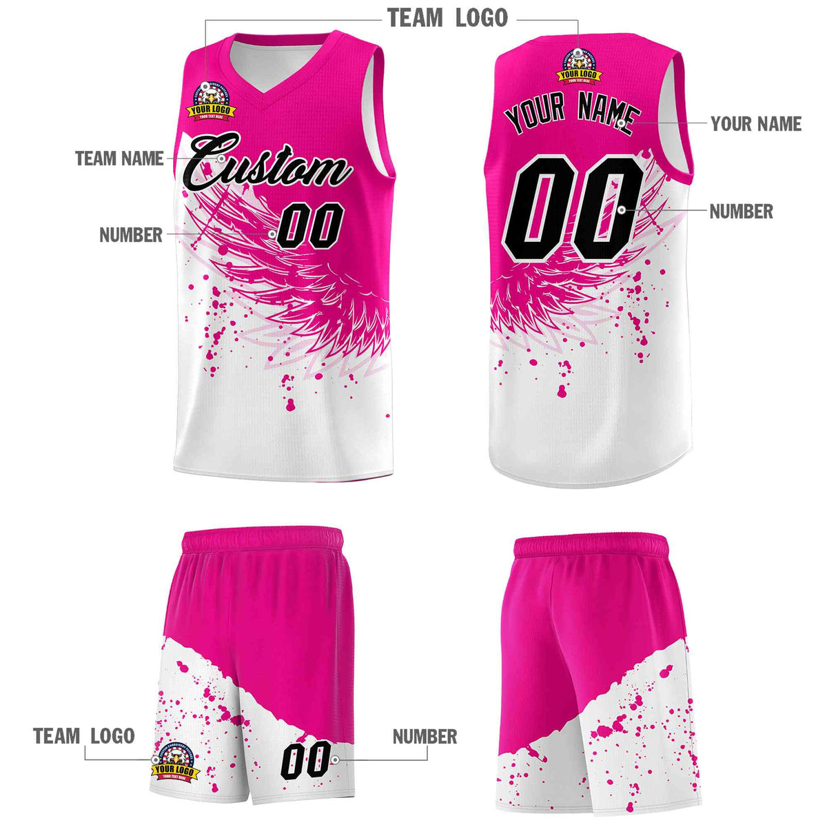 Custom White Pink Wing Pattern Sports Uniform Basketball Jersey
