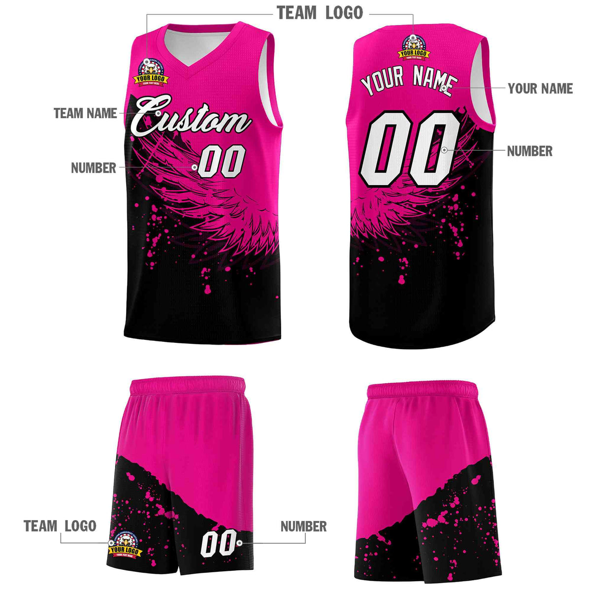 Custom Black Pink Wing Pattern Sports Uniform Basketball Jersey