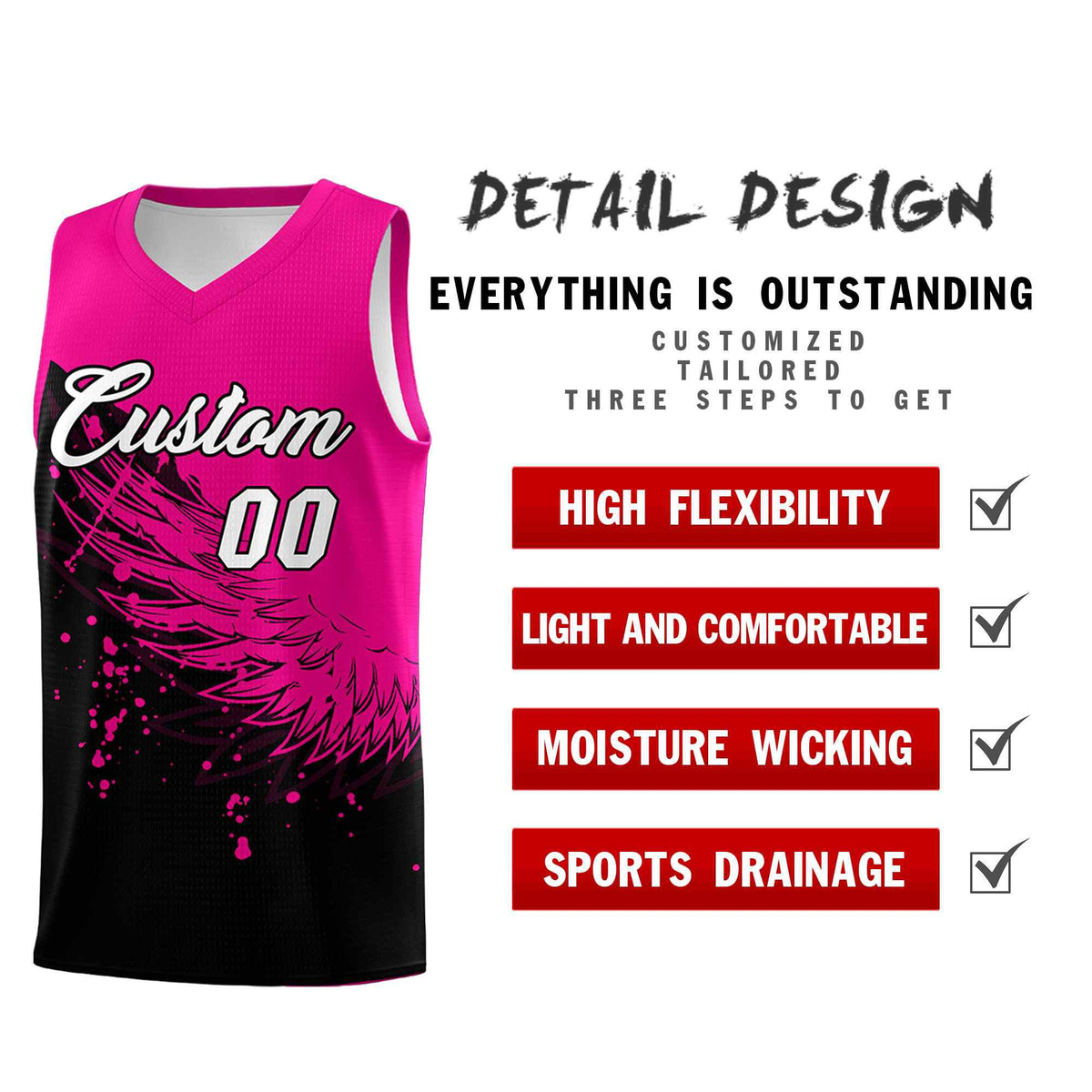 Custom Black Pink Wing Pattern Sports Uniform Basketball Jersey| KXKSHOP