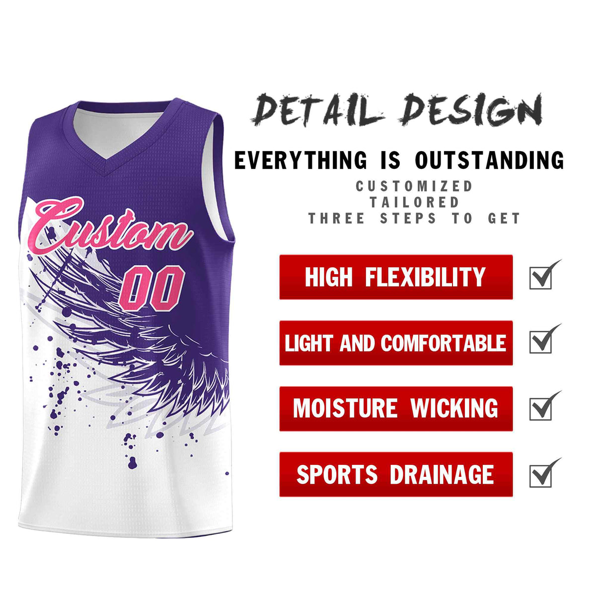 Custom White Purple Wing Pattern Sports Uniform Basketball Jersey| KXKSHOP