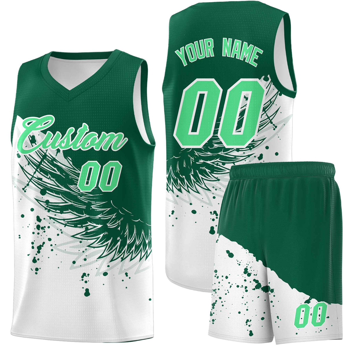 Custom White Kelly Green Wing Pattern Sports Uniform Basketball Jersey| KXKSHOP