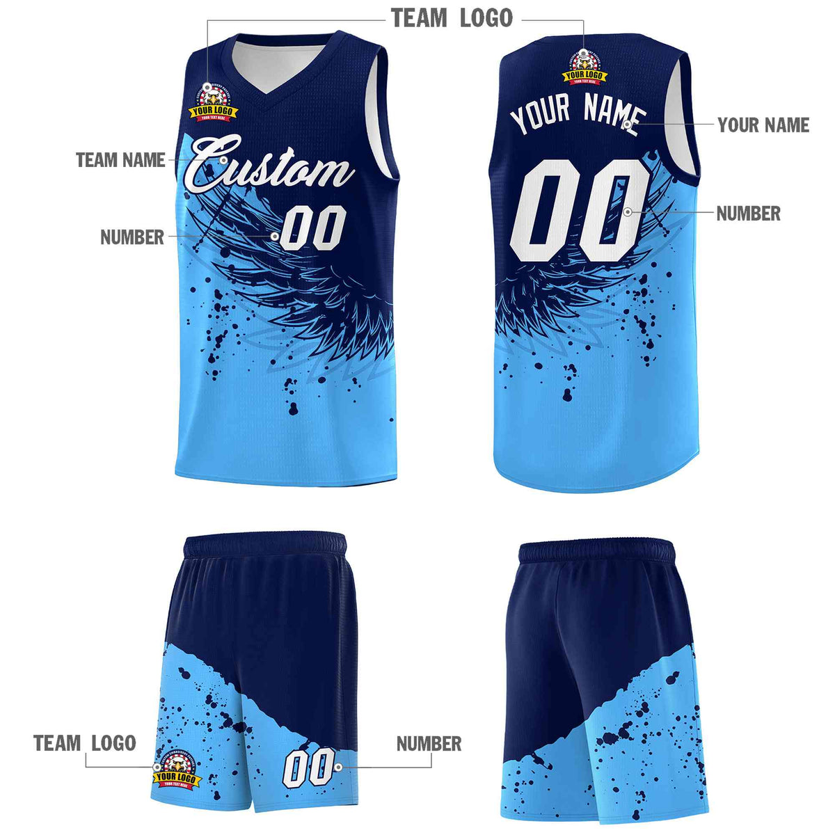 Custom Powder Blue Navy Wing Pattern Sports Uniform Basketball Jersey