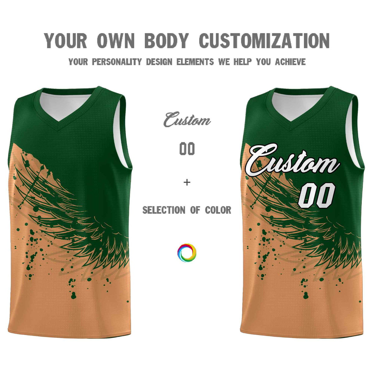 Custom Buckskin Brown Green Wing Pattern Sports Uniform Basketball Jersey| KXKSHOP