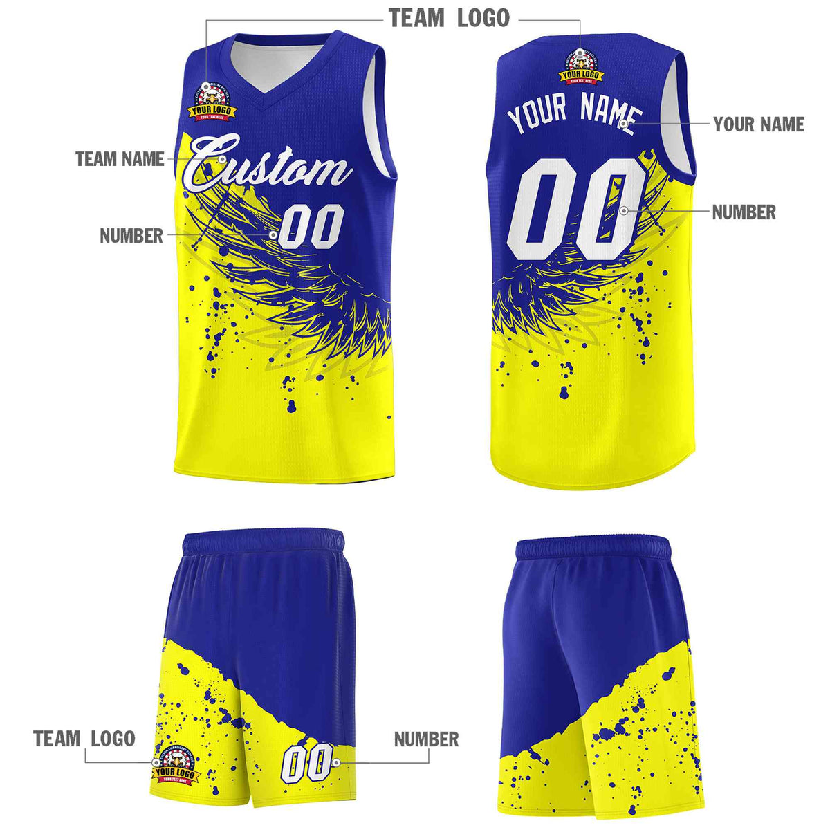 Custom Fluorescent Yellow Royal Wing Pattern Sports Uniform Basketball Jersey