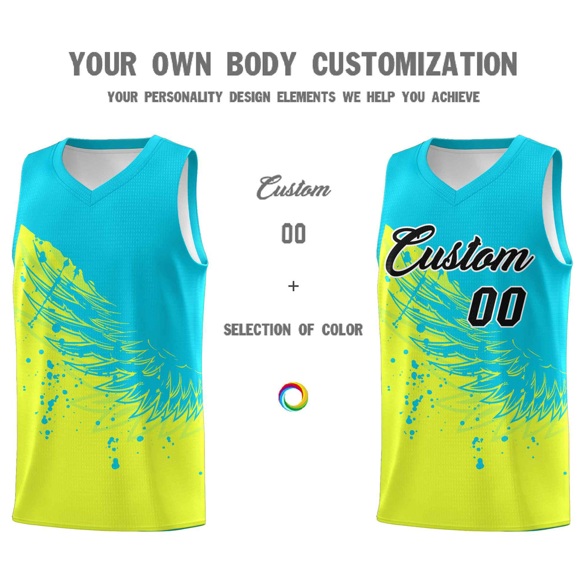 Custom Fluorescent Green Sky Blue Wing Pattern Sports Uniform Basketball Jersey| KXKSHOP
