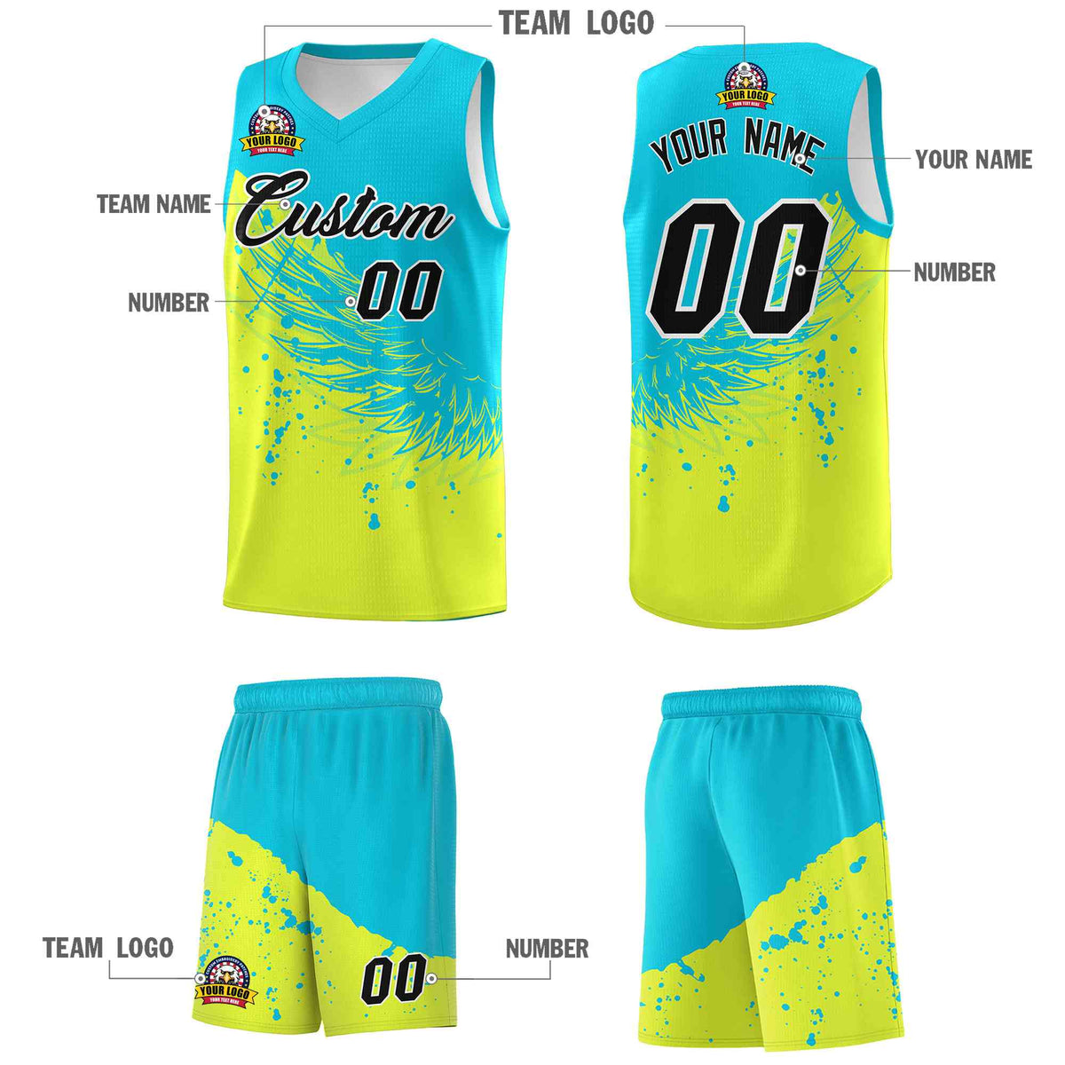 Custom Fluorescent Green Sky Blue Wing Pattern Sports Uniform Basketball Jersey