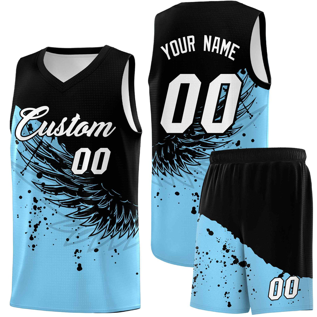 Custom Light Blue Black Wing Pattern Sports Uniform Basketball Jersey| KXKSHOP