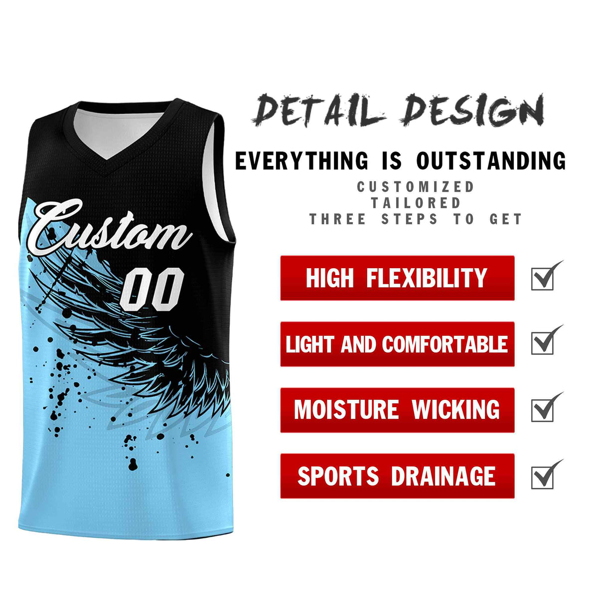 Custom Light Blue Black Wing Pattern Sports Uniform Basketball Jersey| KXKSHOP