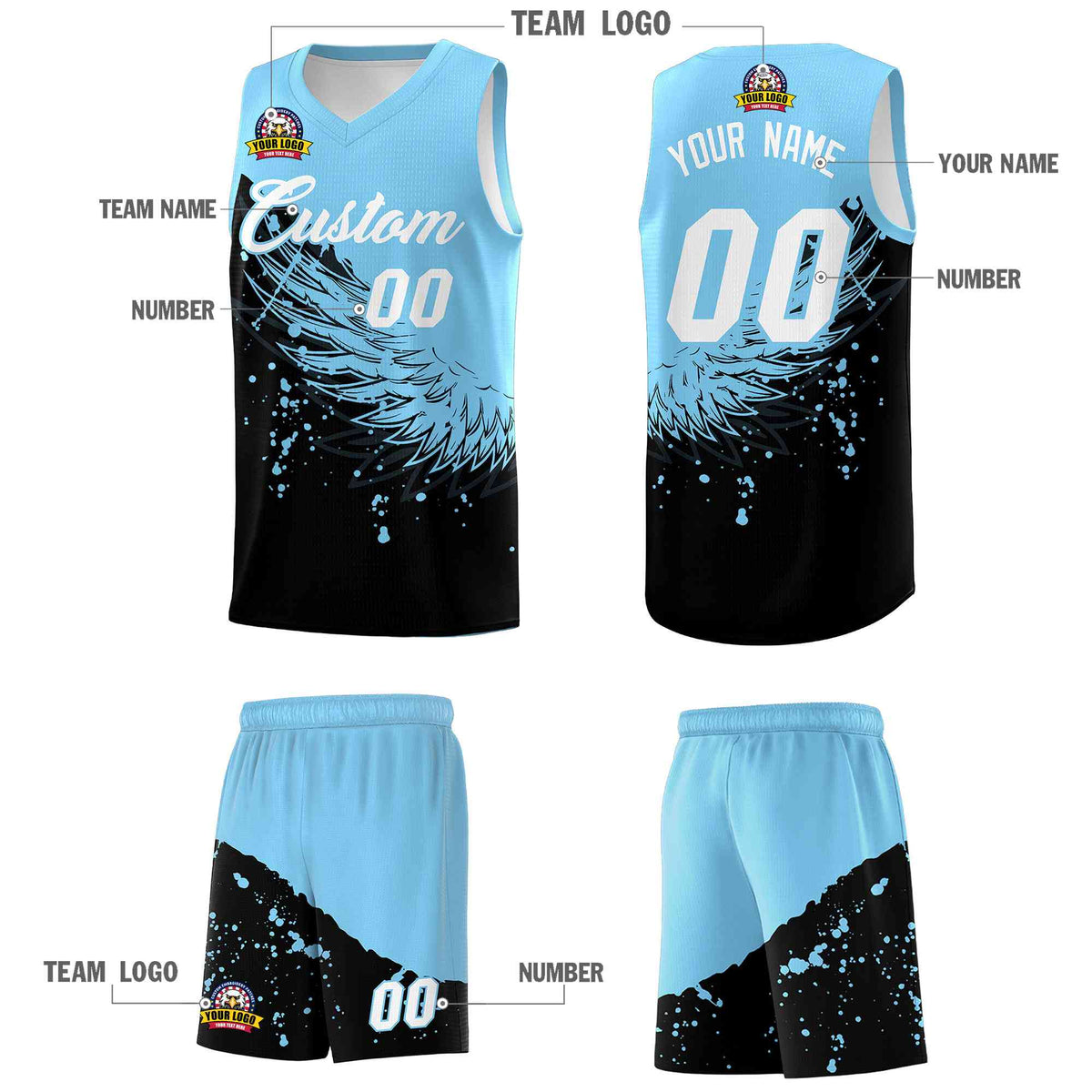Custom Black Light Blue Wing Pattern Sports Uniform Basketball Jersey