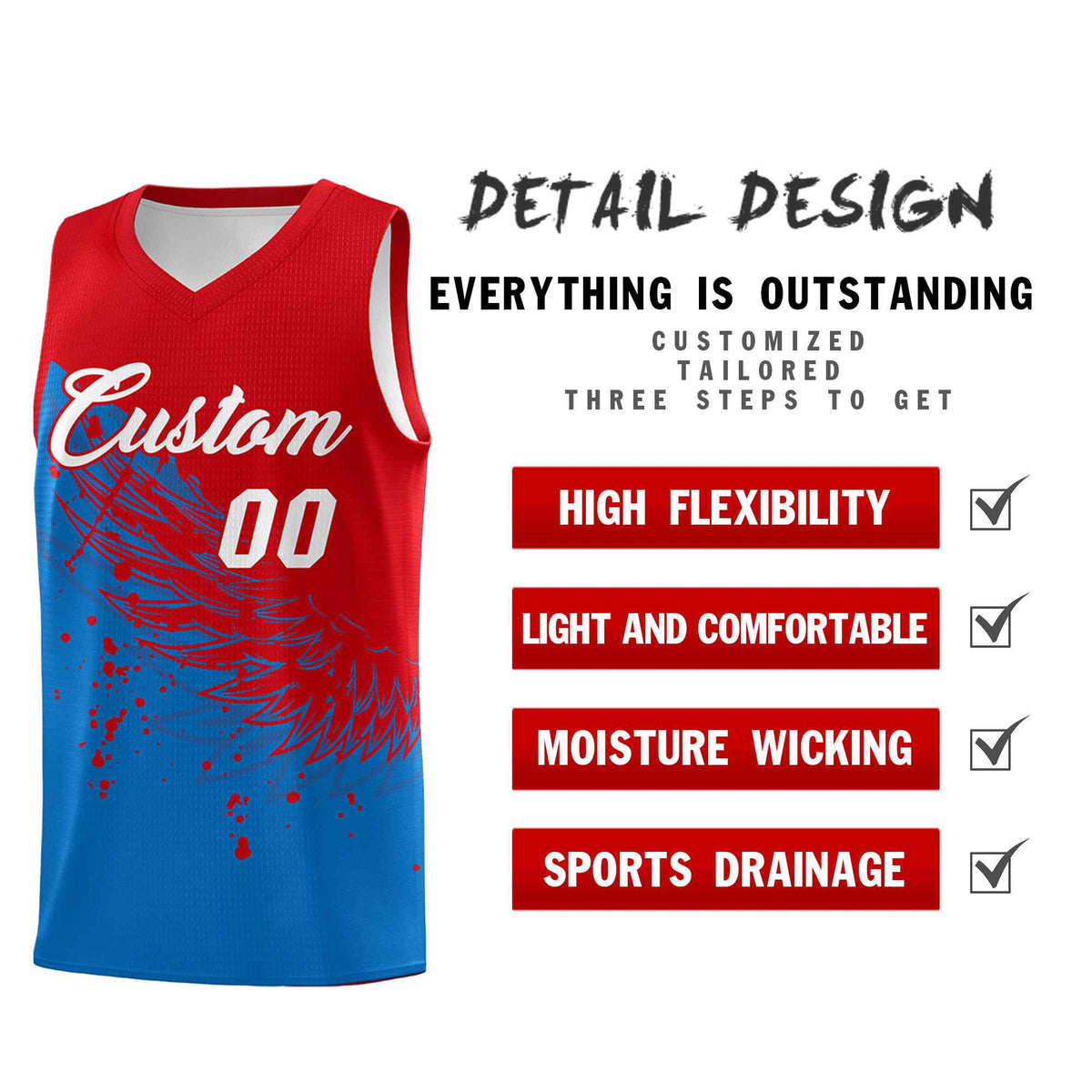 Custom Royal Red Wing Pattern Sports Uniform Basketball Jersey| KXKSHOP