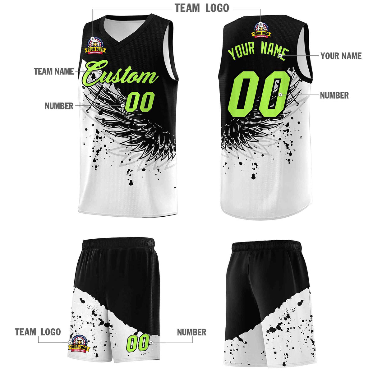 Custom White Black Wing Pattern Sports Uniform Basketball Jersey