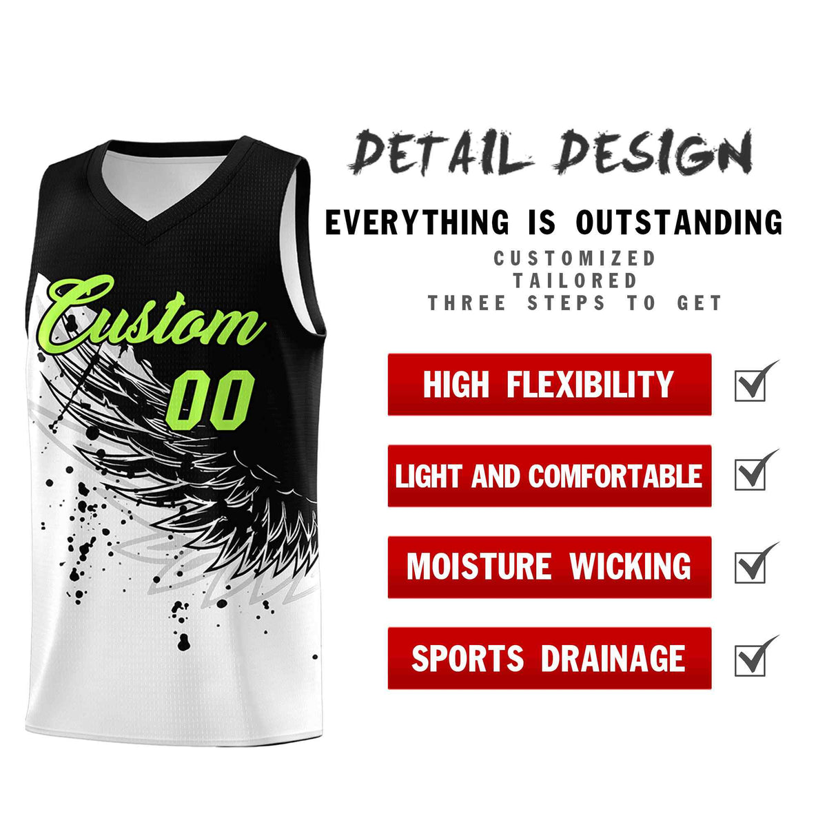 Custom White Black Wing Pattern Sports Uniform Basketball Jersey| KXKSHOP