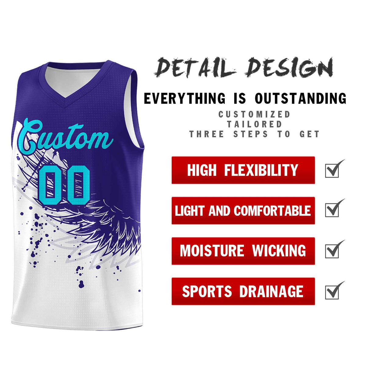 Custom White Royal Wing Pattern Sports Uniform Basketball Jersey